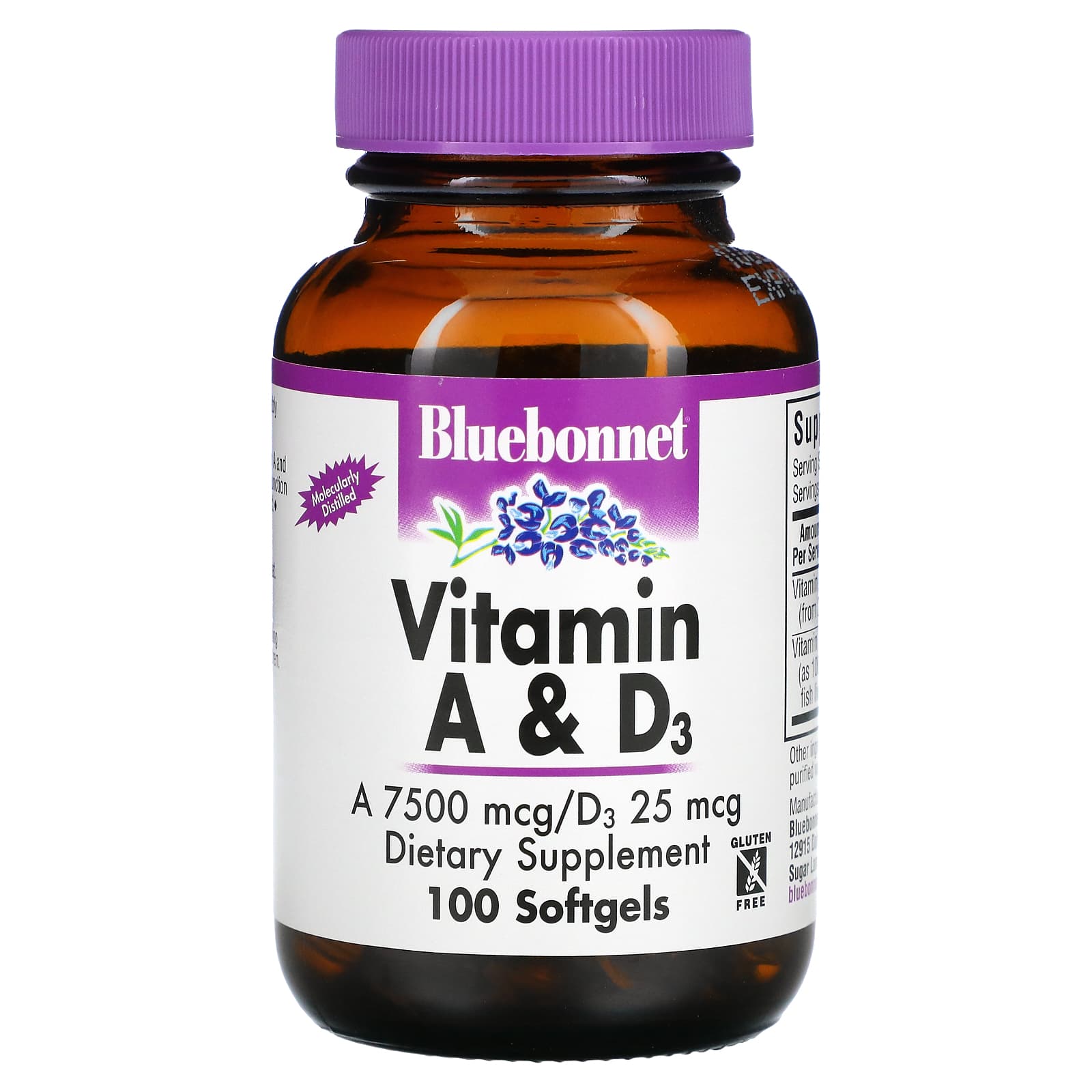 Bluebonnet, Vitamin A & D3, 7500 mcg / 25 mcg, 100 Softgels UPC 743715003033 | HiLife Vitamins